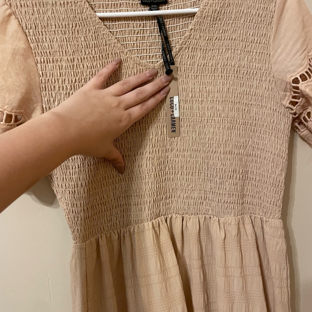Coco + Carmen Beige Smocked Midi Dress